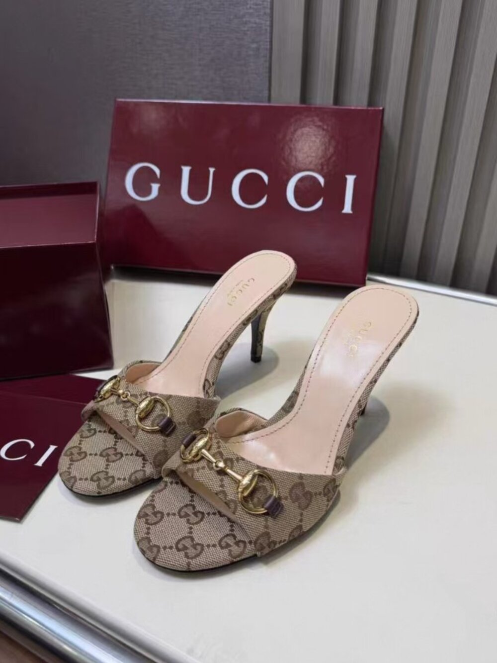 Gucci GG Canvas Horsebit Open‑Toe Heeled Mules